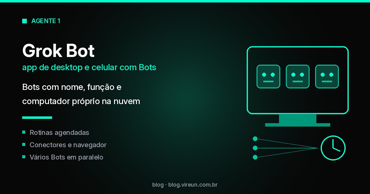 Card do Grok Bot: Bots com computador próprio na nuvem, rotinas agendadas, conectores e vários Bots em paralelo